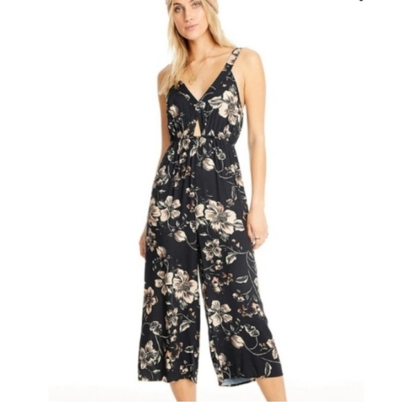 Saltwater Luxe Floral Jumpsuit Cropped Wide Leg Black Small Boho Hippie Beachy - Picture 2 of 12